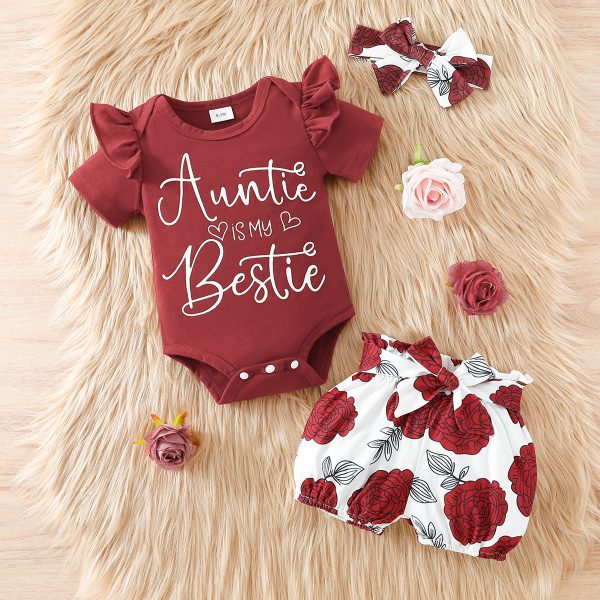 Baby Girl Letter Summer Top Belt Flower Cute Pants Baby Short Sleeve Triangle Romper Shorts Set
