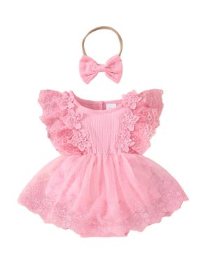 Baby Girl Sweet Sleeveless Lace Triangle Romper Mesh Skirt Newborn Lace Flower Cover-up Dress