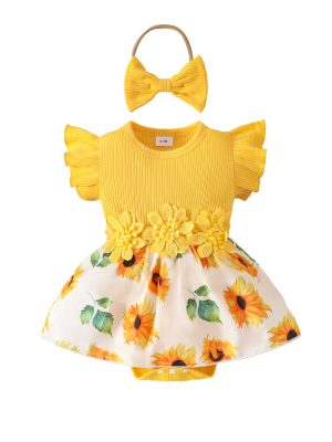 Baby Girl Summer Sleeveless Pit Stripe Applique Floral Print Romper Dress Baby Casual Dress